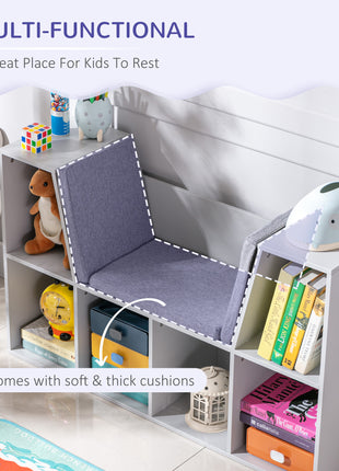 6-Cubby Kids Bookcase with Reading Nook and Cushion, Multi-Purpose Storage Organizer for Bedroom, Living Room, Grey