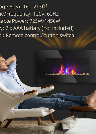28.5" 1450W Electric Wall-Mounted Fireplace with Flame Effect, 7 Color Background Light, Black