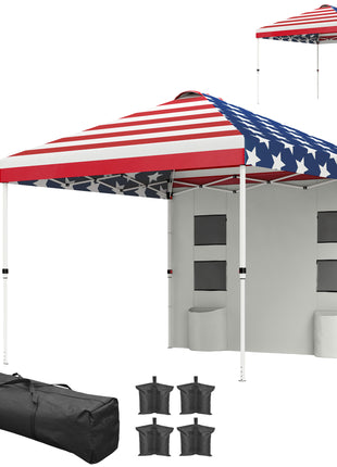 10' x 10' Pop Up Canopy Tent w/ Sidewall, Height Adjustable Instant Sun Shelter w/ Storage Pockets, American Flag Print