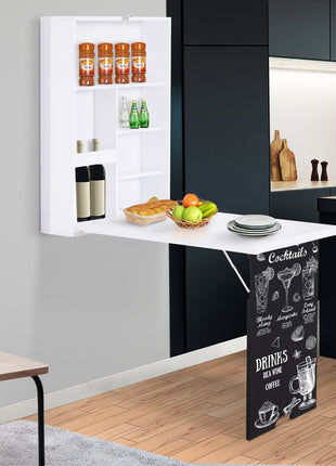 Wall Mounted Foldable Desk with a Blackboard, Fold Out Convertible Floating Desk with Shelves, White