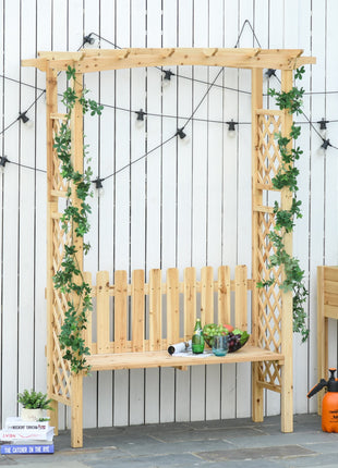 Outdoor Garden Bench Arch Pergola with Natural Fir Wood Build, Protective Varnish, & 2 Person Ergonomic Bench
