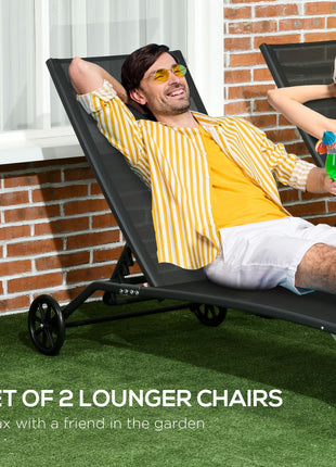 Chaise Lounge Outdoor, 2 Piece Lounge Chair with Wheels, Tanning Chair with 5 Adjustable Positions for Patio, Beach, Yard, Pool, Black