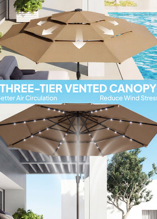 9.7 ft Outdoor Patio Umbrella with Solar LED Lights, 3 Tier Outdoor Table Umbrella with Tilt, Crank, Khaki