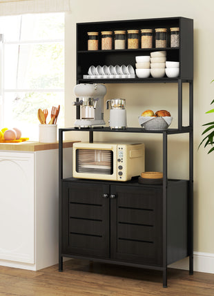 Baker's Rack with Power Outlet and Storage Shelves, Microwave Stand with Louvred Door Cabinets, Black