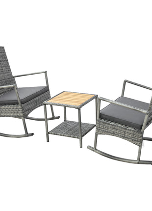 3 Piece Outdoor PE Rattan Rocking Chair Set, Patio Wicker Recliner Rocker Chair with Soft Cushion & Nature Wood Top Coffee Table, Gray