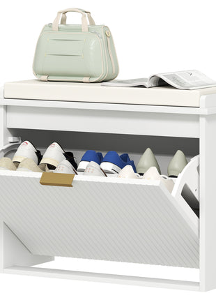 Shoe Storage Bench with Padded Seat Cushion and Flip-Drawer, Entryway Bench, Shoe Cabinet, 24.4x10.2x18.7 Inches, White