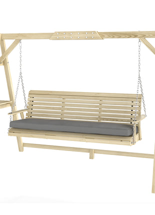 3 Seat Wooden Porch Swing with Stand, Patio Swing with Cushion, for Garden, Poolside, Backyard, Natural Wood