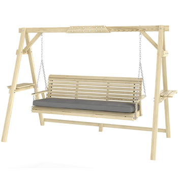 3 Seat Wooden Porch Swing with Stand, Patio Swing with Cushion, for Garden, Poolside, Backyard, Natural Wood