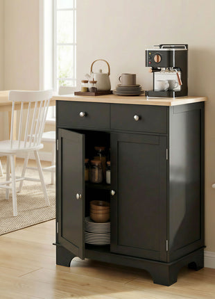 Kitchen Storage Cabinet, Sideboard Floor Cupboard with Solid Wood Top, Adjustable Shelf, and 2 Drawers, Black