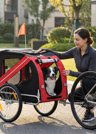 Dog Bike Trailer, Pet Wagon Bicycle Trailer with Easy Folding Cart Frame, 20" Large Rubber Wheels, 3 Entrances, Mesh Screen, Pet Bike Trailer for Off-Road & Travel, Red and Black