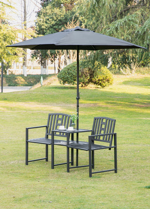 Metal Garden Bench with Middle Table and Umbrella Hole, 2-in-1 Double Patio Chairs, Outdoor 2-person Tete-a-Tete, Slatted, Black