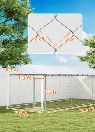 20' x 7.5' x 6.5' Dog Kennel Outdoor for Small Medium Large Dogs with Waterproof Roof, Silver