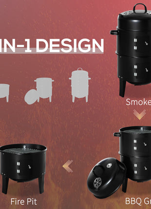 3-in-1 Vertical Charcoal BBQ Smoker Grill with 2 Cooking Areas and Thermometer