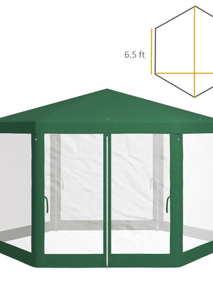 13' x 11' Outdoor Party Tent, Hexagon Sun Shade Shelter Canopy w/ Protective Mesh Sidewalls, Ropes & Stakes, Green