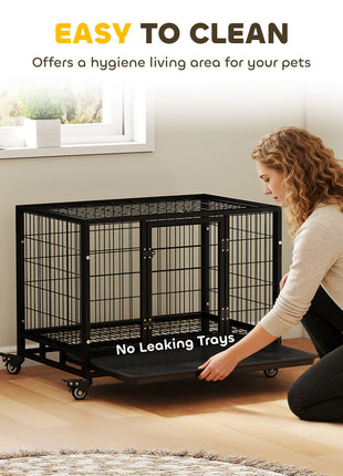 36" Heavy Duty Dog Crate with Removable Tray, Lockable Wheels and Double Door, for Medium and Large Dogs, Black