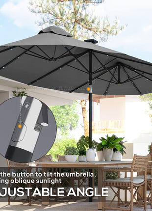 Double-sided Patio Umbrella, 9.7' Outdoor Umbrella with Tilt and Crank, LED Solar Light and 12 Ribs, Gray