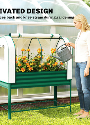 Galvanised Raised Garden Bed with Greenhouse Cover, Metal Elevated Garden Bed with Bed Liner, Bottom Shelf, Green
