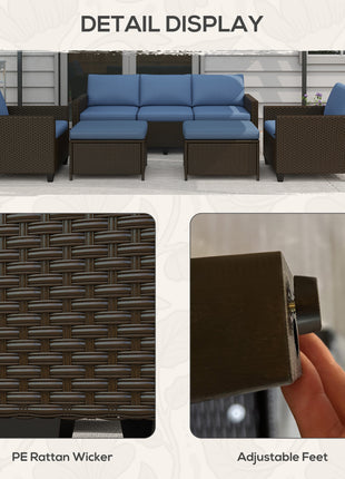 5-Piece Patio Furniture Set with PE Rattan Three-Seater Sofa, Armchairs, Footstools, Cushions, Deep Coffee