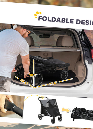 Dog Stroller for Large Medium Small Dogs up to 66 Lbs. 23.5" in Body Length, One-Click Foldable Pet Cat Stroller with Storage, Shock Absorption Wheels, Mesh Window, Safety Leash, Gray