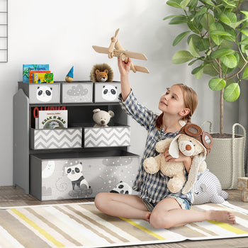 Toy Storage Organizer with 6 Storage Bins and 3-Tier Bookshelf, Toy Storage Shelf for Bedroom, Animal Design, Gray