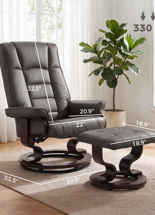 Faux Leather Reclining Chair with Ottoman, Manual Recliner with Tufted Back and Wood Frame for Living Room, Brown