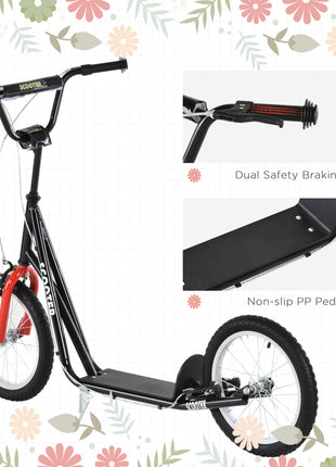 Youth Scooter Kick Scooter for Kids 5+, Max Load 220 LBS., with Adjustable Handlebar, 16" Inflatable Wheels, Dual Brakes, Black