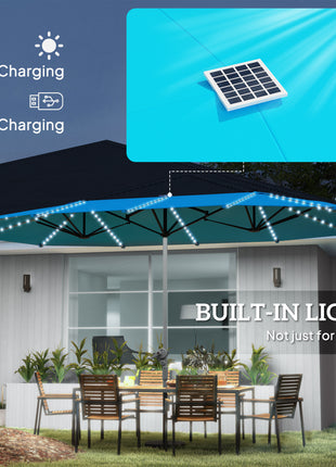 15ft Double-Sided Outdoor Umbrella with Solar Lights, UPF50+ Extra Large Aluminum Patio Umbrella with Crank, Blue