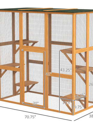 Outdoor Cat House Big Catio Wooden Feral Cat Shelter Enclosure with Large Spacious Interior, 6 High Ledges, Weather Protection Asphalt Roof, 71" L, Orange