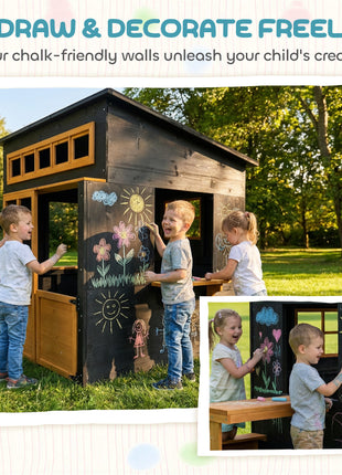 Outdoor Playhouse, Wooden Kids Playhouse w/ Picnic Table & Benches, Chalkboards, Half Door, Windows, for Kids Ages 3-8