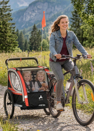 3-in-1 Bike Trailer for Kids, Running Stroller with 2 Seats, Jogging Cart with 5-Point Harness, Storage Units, Red