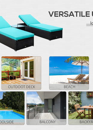 Chaise Lounge Chair Set of 2 with 5 Angle Backrest, Outdoor Coffee Table, Water Repellent Cushions, PE Rattan Wicker Poolside Chairs, 3-Piece Pool Furniture Set, Dark Brown/Turquoise