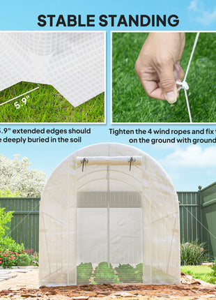 Hoop House Greenhouse, Walk-in Tunnel Greenhouse with 2 Support Rods, Zippered Roll-up Mesh Door, 14.6'x6.5'x6.6', White