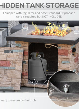 32 Inch Outdoor Propane Gas Fire Pit Table, 50,000 BTU Auto-Ignition Square Faux Ledge Stone Gas Firepit with Lava Rocks and Rain Cover, CSA Certification, Brown