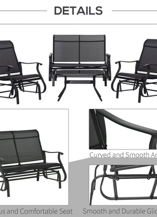 4 Pieces Gliders Set, Outdoor Furniture Sets with 2-Person Glider Patio Bench, Single Sling Chair and Glass Coffee Table for Backyard, Lawn and Garden, Black