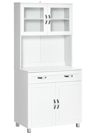 67" Buffet with Hutch, Modern Kitchen Pantry, Freestanding Storage Cabinet with Framed Glass Doors, Shelves and Drawers, White
