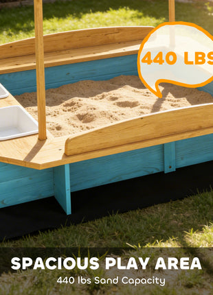 Wooden Sandbox with Dinosaur Print Canopy Kids Sandbox Outdoor with Bench Seats & 2 Storage Bins