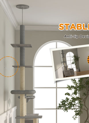 2 in 1 Floor to Ceiling Cat Tree with Litter Box Enclosure, Condo, Bed, Hammock, Scratching Posts, and Platforms, Gray