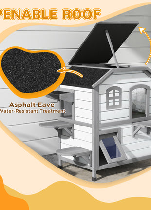 Wooden 2-Story Outdoor Cat House, Feral Cat Shelter Kitten Condo with Openable Asphalt Roof and 4 Platforms, White
