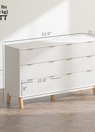 6 Drawer Double Dresser for Bedroom, Fluted Chest of Drawers with Gold Finger Pulls and 5 Wood Legs, White