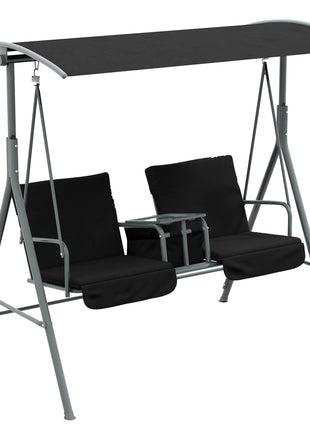 2-Seater Outdoor Porch Swing with Canopy and Table, Patio Swing Chair for Garden, Poolside, Backyard, Black