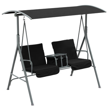 2-Seater Outdoor Porch Swing with Canopy and Table, Patio Swing Chair for Garden, Poolside, Backyard, Black