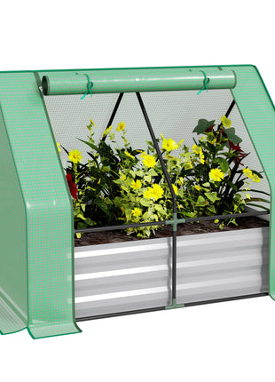 4 x 3 x 3ft Metal Planter Box with Mini Greenhouse, Galvanized Raised Garden Bed with Cover for Herbs and Vegetables, Small Greenhouse for Patio Garden Balcony, Green and Gray