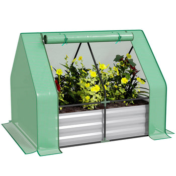 4 x 3 x 3ft Metal Planter Box with Mini Greenhouse, Galvanized Raised Garden Bed with Cover for Herbs and Vegetables, Small Greenhouse for Patio Garden Balcony, Green and Gray