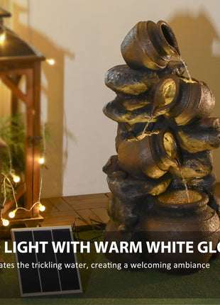 28.3" Solar Water Fountain, 4-Tier Resin Cascading Jars and Stacked Stones Outdoor Waterfall Fountain with LED Lights