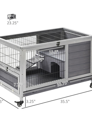 Indoor Rabbit Enclosure, Wooden Elevated Cage Habitat with Enclosed Run with Wheels - Ideal for Rabbits and Guinea Pigs