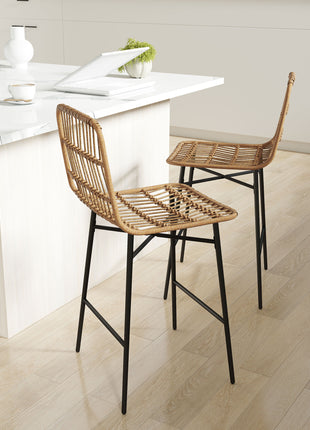 Rattan Counter Bar Stools Set of 2, 26" Counter Height Barstools with Back, Bar Chairs for Kitchen Island, Brown