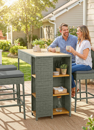 5 Piece Wicker Outdoor Bar Set, Acacia Wood Outdoor High Top Table and Chairs with 3 Tier Shelves, Cushions, Gray