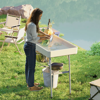 3.4ft Folding Ice Cooler Table with Drain, Fill and Chill Table Outdoor Table Cooler with Storage Shelf, Drink Cooler for Parties Picnic BBQ Camping Wedding, Tan