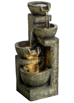 Small Outdoor Fountain with 4-Tier Stone Bowls, Adjustable Waterfall Flow & LED Lights, Perfect for Patio & Zen Garden, Gray