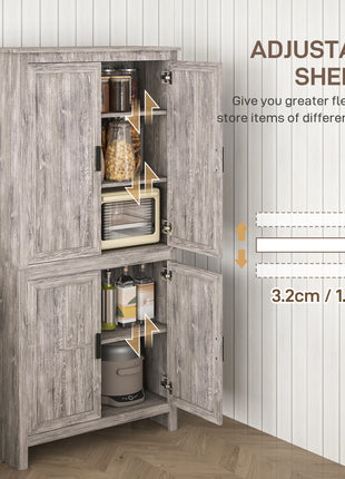 64" 4-Door Kitchen Pantry, Freestanding Storage Cabinet with 3 Adjustable Shelves for Kitchen, Gray Oak